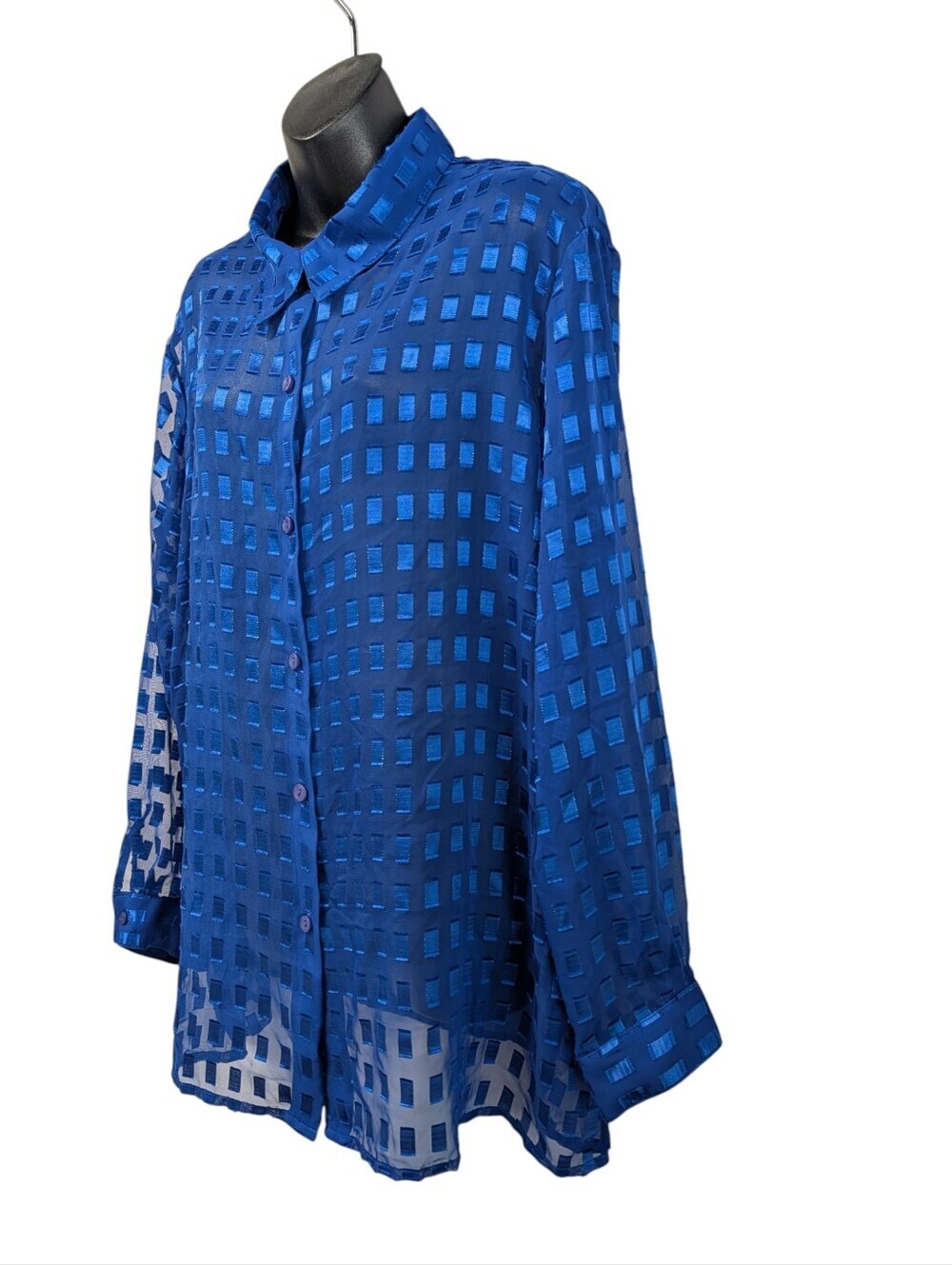 Notations Woman Blue Sheer Grid Metallic Button Down Blouse Top Plus Size 1X - Picture 3 of 8